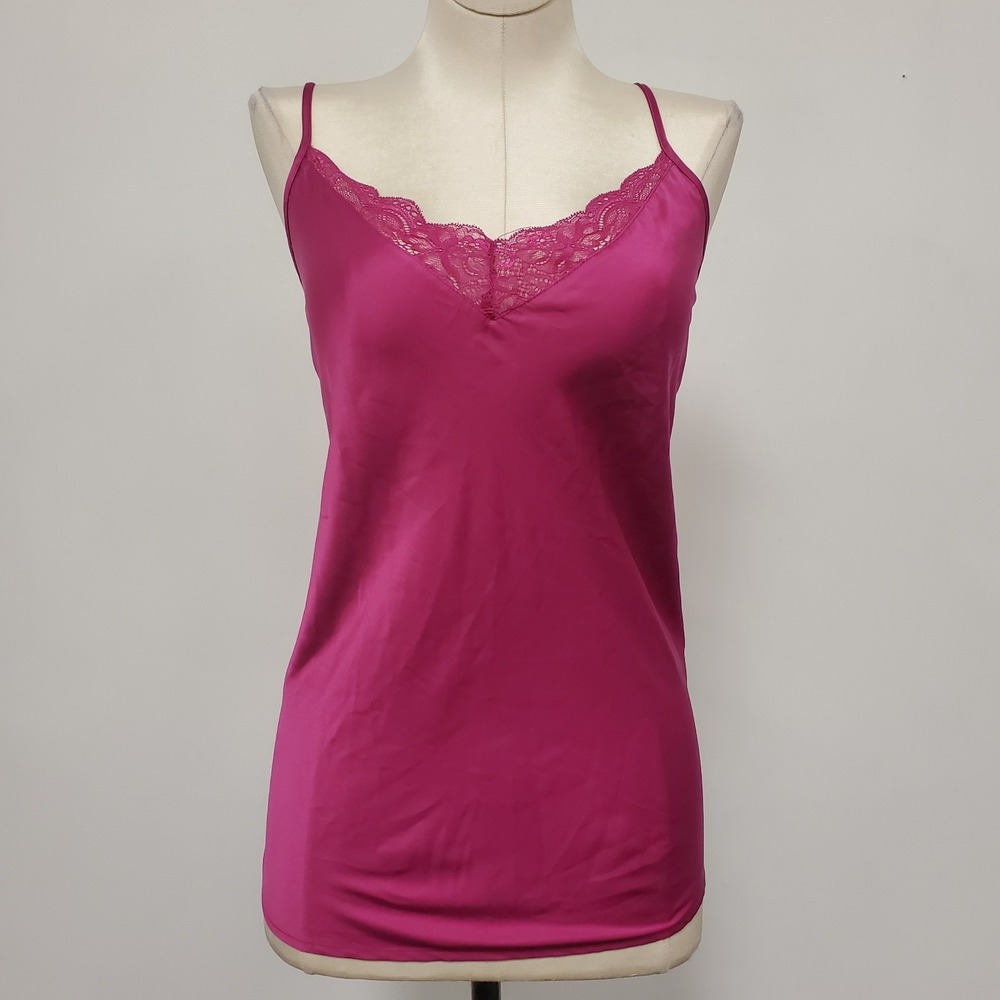 Flora Nikrooz Womens Satin Cami Top Size L Slip Lace Pink Going Out Y2K Layer